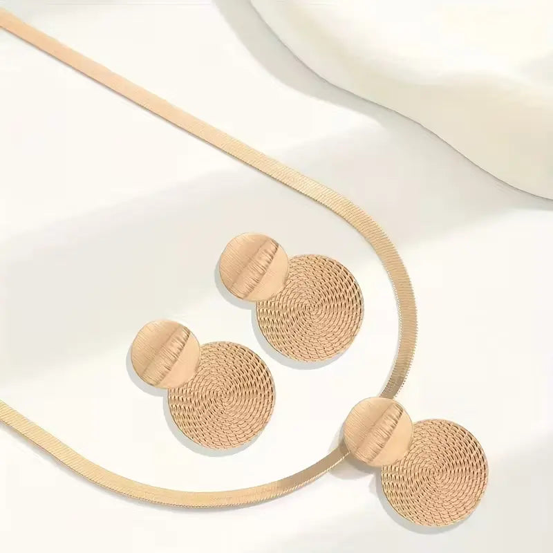 Elegant Golden-Tone Layered Necklace and Earrings Set for Women - Geometric Spiral Pendant Design with Dainty Chain and Spherical Beads, Perfect for Casual and Special Occasions, All-Season Jewelry Gift