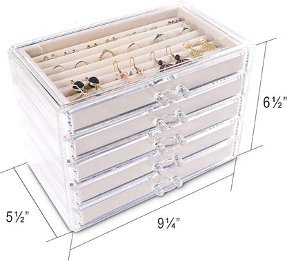 Extra Large Clear Acrylic Jewelry Box with Velvet Lining - 5-Layer Organizer for Earrings, Rings, and Necklaces with 5 Drawers (Beige)