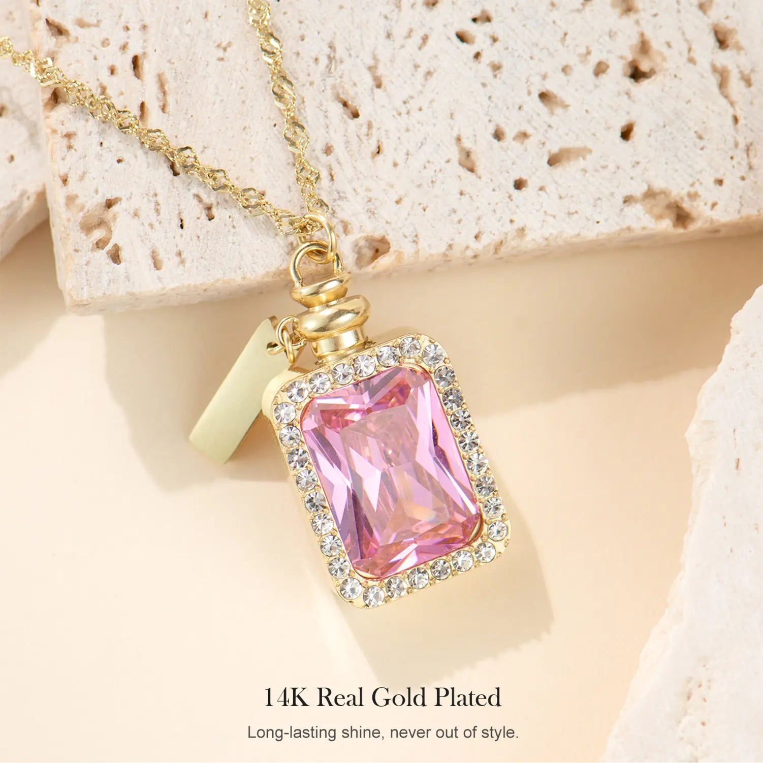 Holylegend 14K Real Gold Plated Perfume Bottle Necklace for Women, Pink Crystal Girl Silhouette Pendant, Vintage Scent Bottle Look，Romantic Gift Jewelry