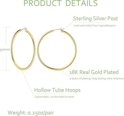 18K Gold Plated Chunky Hoop Earrings for Women - Hypoallergenic Thick Round Statement Jewelry Gift