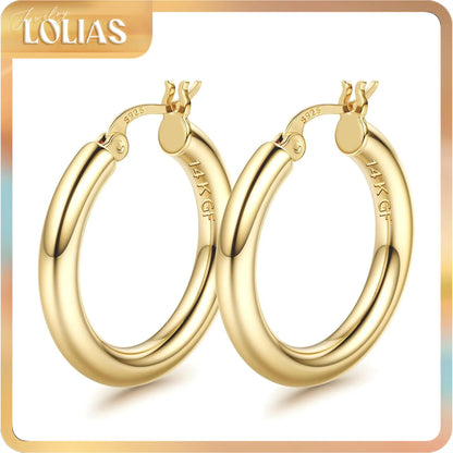 LOLIAS 14K Gold Chunky Hoop Earrings for Women, 925 Sterling Silver Post, Hypoallergenic Lightweight Design, Available in Various Sizes (25/30/40/50/60/70MM)