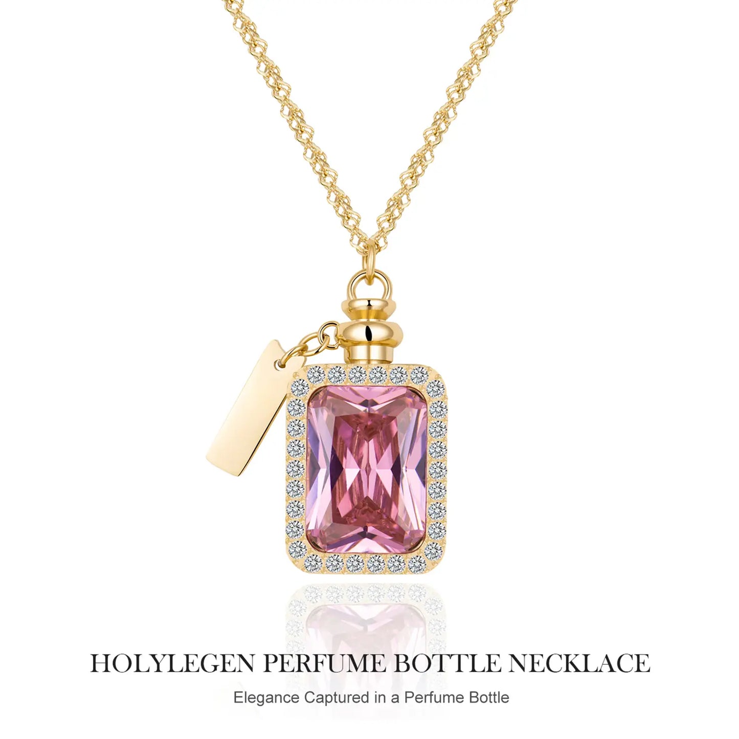 Holylegend 14K Real Gold Plated Perfume Bottle Necklace for Women, Pink Crystal Girl Silhouette Pendant, Vintage Scent Bottle Look，Romantic Gift Jewelry