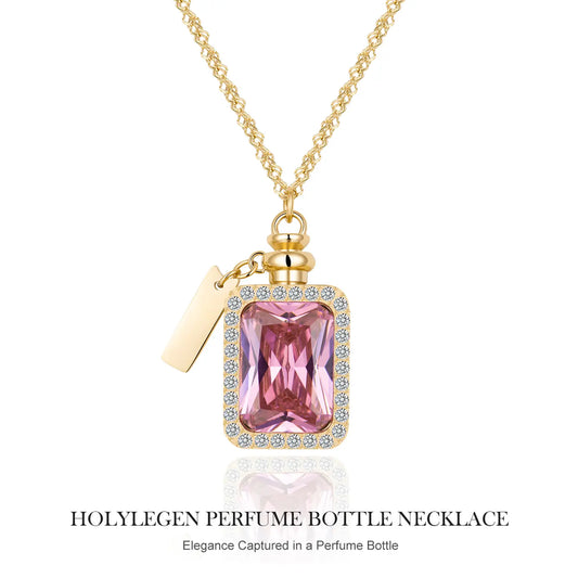 Holylegend 14K Real Gold Plated Perfume Bottle Necklace for Women, Pink Crystal Girl Silhouette Pendant, Vintage Scent Bottle Look，Romantic Gift Jewelry