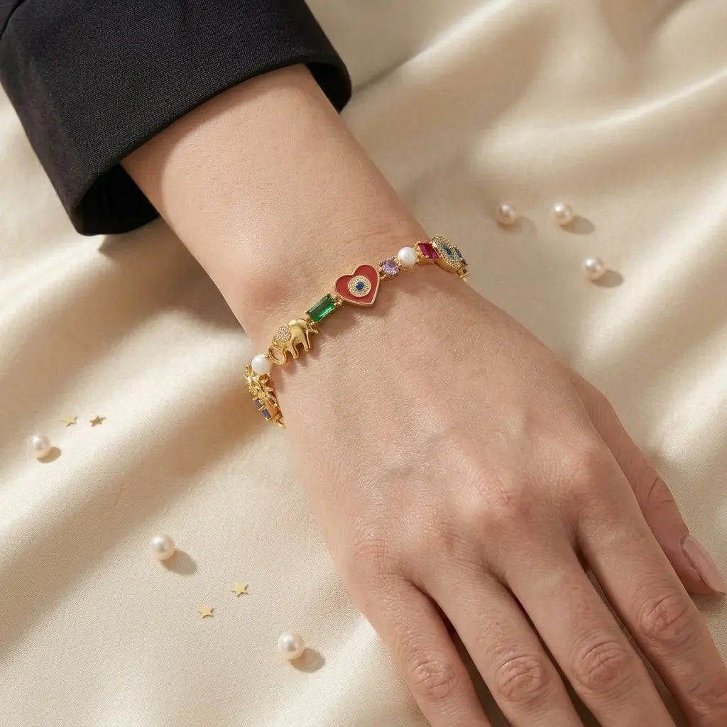 Zengliu 14K Gold-Plated Stackable Zirconia Bracelet for Women - Featuring Evil Eye, Lucky Elephant, Moon & Stars, and Rainbow Designs - Ideal Gifts for Valentine's Day, Birthdays, and Mother's Day