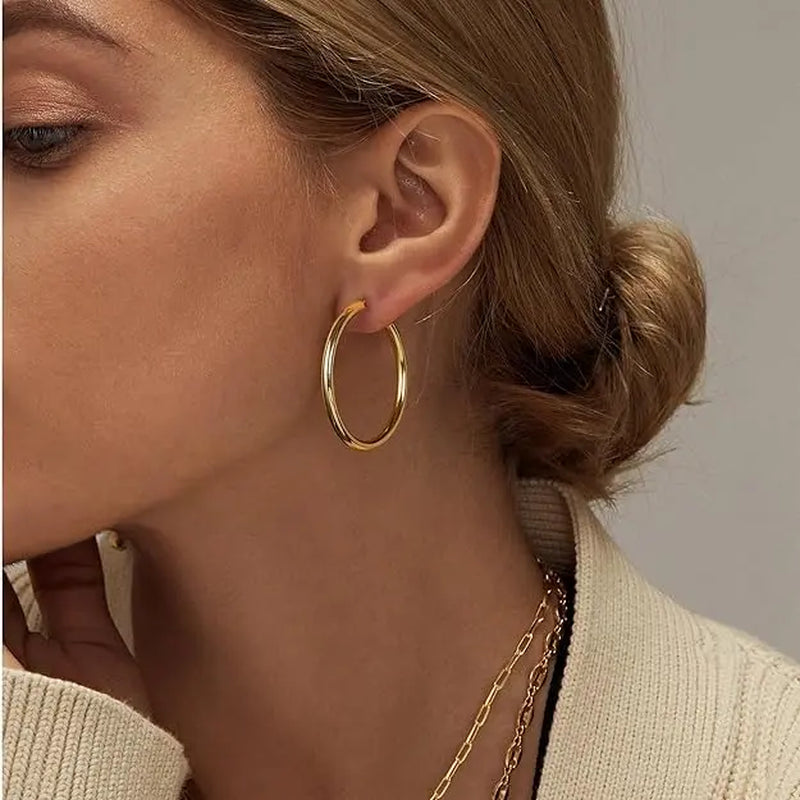 18K Gold Plated Chunky Hoop Earrings for Women - Hypoallergenic Thick Round Statement Jewelry Gift
