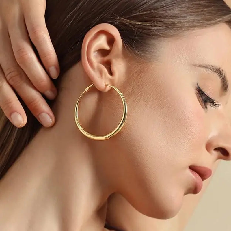 18K Gold Plated Chunky Hoop Earrings for Women - Hypoallergenic Thick Round Statement Jewelry Gift