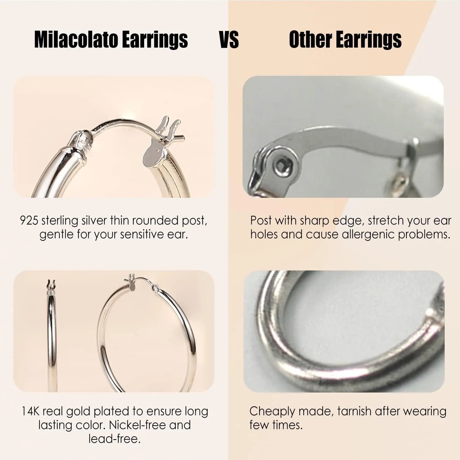 LOLIAS 14K Gold Chunky Hoop Earrings for Women, 925 Sterling Silver Post, Hypoallergenic Lightweight Design, Available in Various Sizes (25/30/40/50/60/70MM)