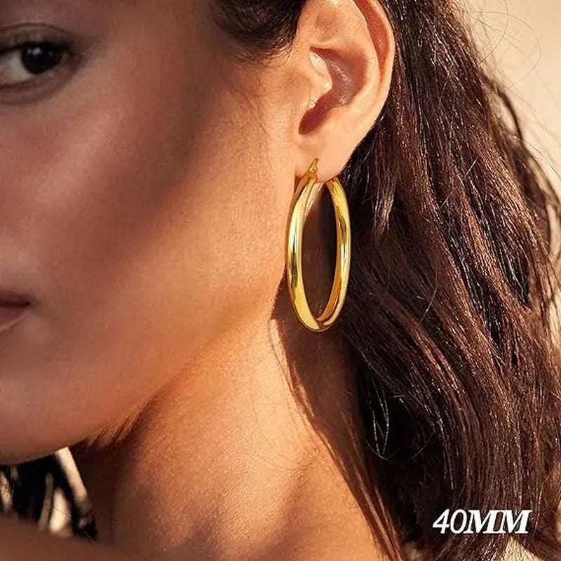 LOLIAS 14K Gold Chunky Hoop Earrings for Women, 925 Sterling Silver Post, Hypoallergenic Lightweight Design, Available in Various Sizes (25/30/40/50/60/70MM)
