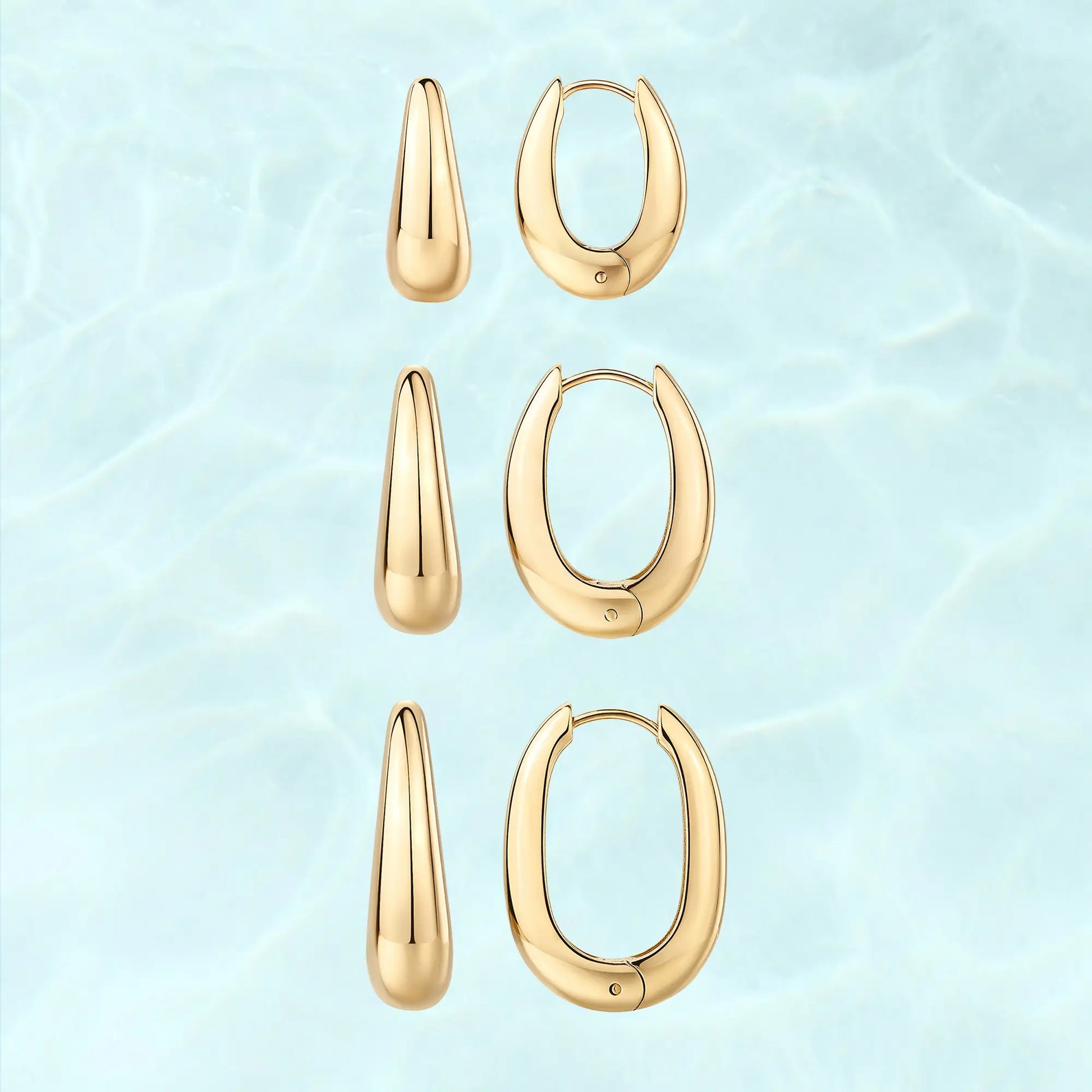 PAVOI Waterproof Set of 3 Chunky Hoop Earrings for Women - 14K Gold Plated Stainless Steel Oval Hoops - Thick Gold Earrings Collection - Lightweight Trendy Summer Accessories