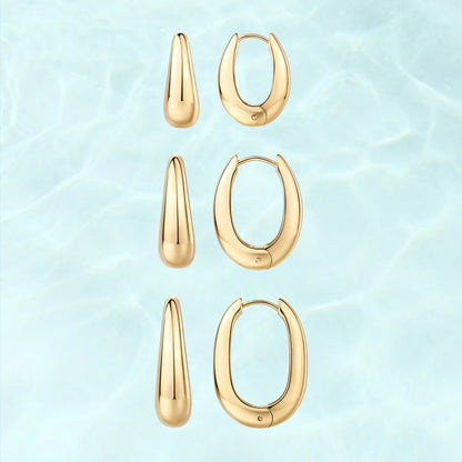 PAVOI Waterproof Set of 3 Chunky Hoop Earrings for Women - 14K Gold Plated Stainless Steel Oval Hoops - Thick Gold Earrings Collection - Lightweight Trendy Summer Accessories
