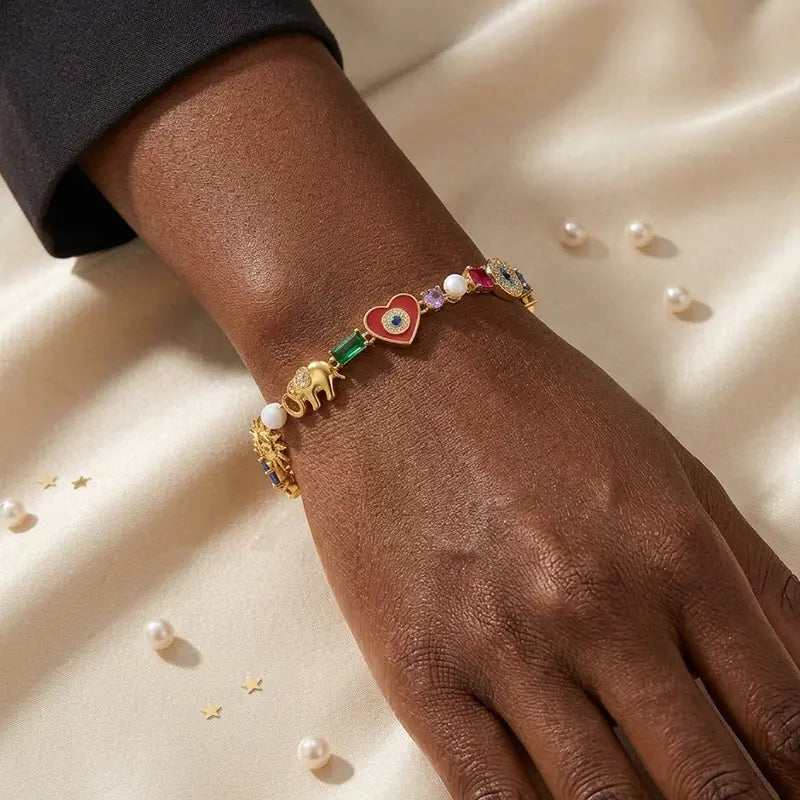 Zengliu 14K Gold-Plated Stackable Zirconia Bracelet for Women - Featuring Evil Eye, Lucky Elephant, Moon & Stars, and Rainbow Designs - Ideal Gifts for Valentine's Day, Birthdays, and Mother's Day