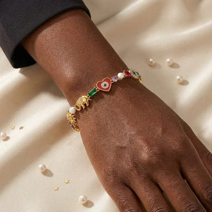 Zengliu 14K Gold-Plated Stackable Zirconia Bracelet for Women - Featuring Evil Eye, Lucky Elephant, Moon & Stars, and Rainbow Designs - Ideal Gifts for Valentine's Day, Birthdays, and Mother's Day