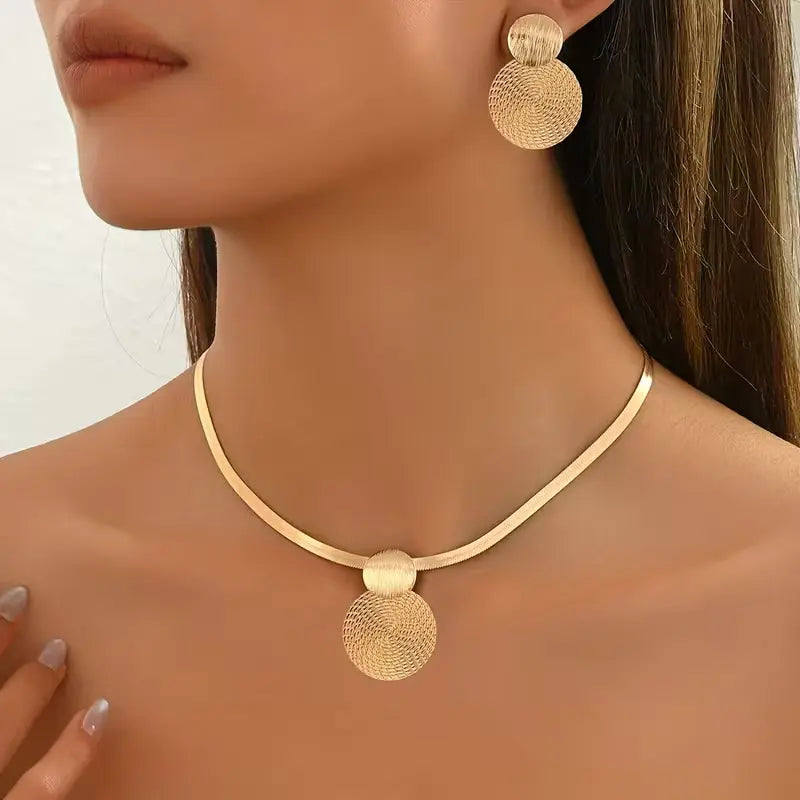 Elegant Golden-Tone Layered Necklace and Earrings Set for Women - Geometric Spiral Pendant Design with Dainty Chain and Spherical Beads, Perfect for Casual and Special Occasions, All-Season Jewelry Gift