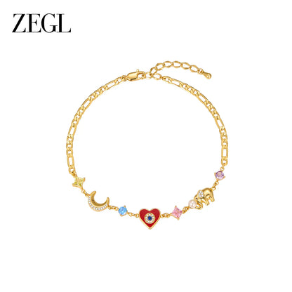 Zengliu 14K Gold-Plated Stackable Zirconia Bracelet for Women - Featuring Evil Eye, Lucky Elephant, Moon & Stars, and Rainbow Designs - Ideal Gifts for Valentine's Day, Birthdays, and Mother's Day