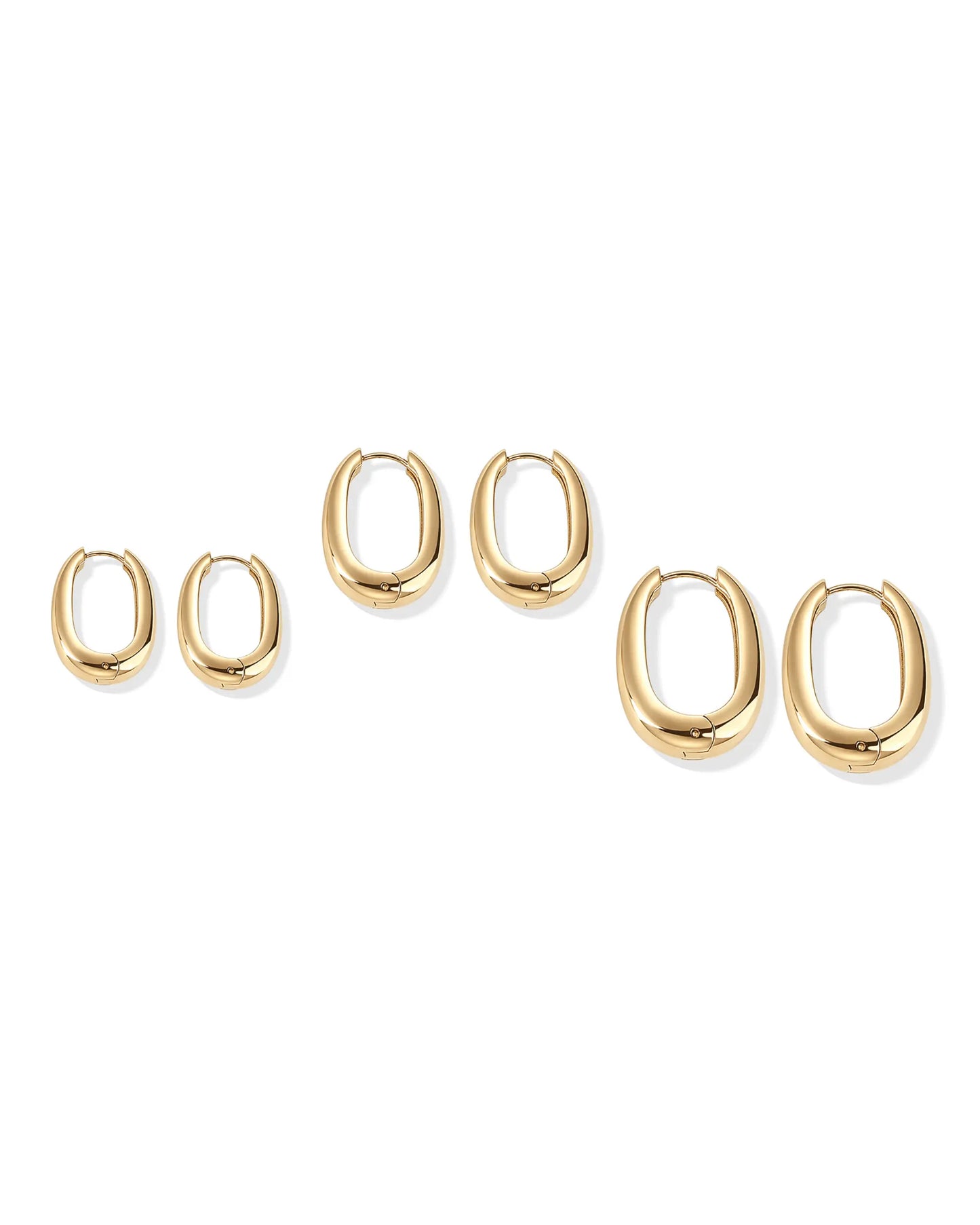 PAVOI Waterproof Set of 3 Chunky Hoop Earrings for Women - 14K Gold Plated Stainless Steel Oval Hoops - Thick Gold Earrings Collection - Lightweight Trendy Summer Accessories