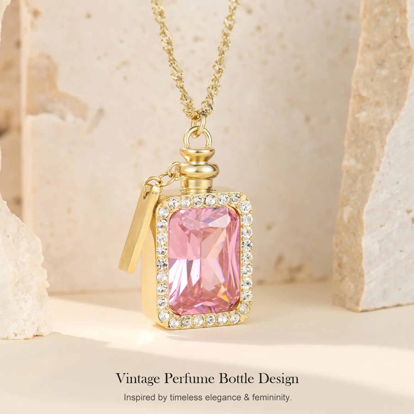 Holylegend 14K Real Gold Plated Perfume Bottle Necklace for Women, Pink Crystal Girl Silhouette Pendant, Vintage Scent Bottle Look，Romantic Gift Jewelry