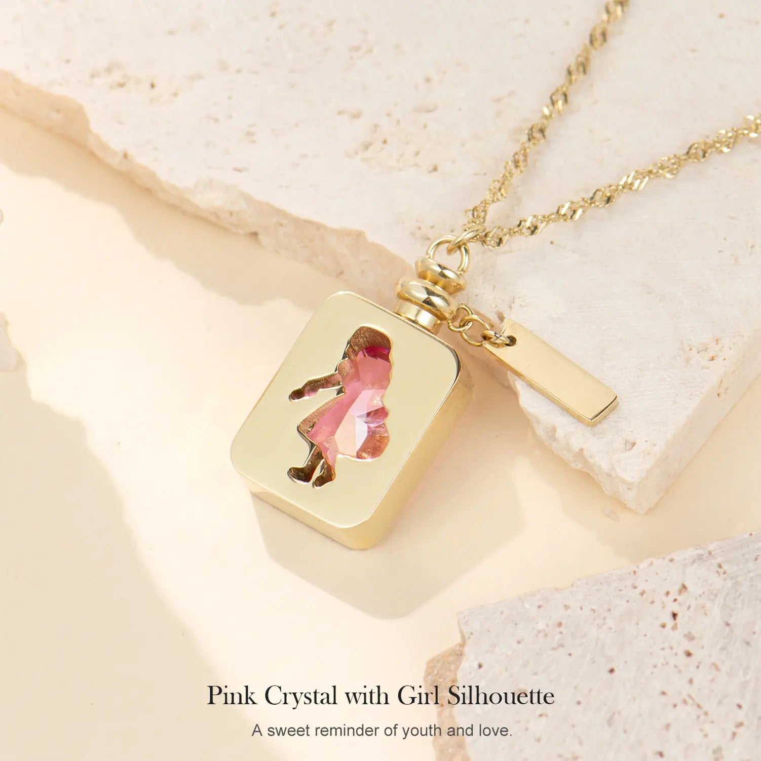 Holylegend 14K Real Gold Plated Perfume Bottle Necklace for Women, Pink Crystal Girl Silhouette Pendant, Vintage Scent Bottle Look，Romantic Gift Jewelry