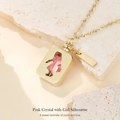 Holylegend 14K Real Gold Plated Perfume Bottle Necklace for Women, Pink Crystal Girl Silhouette Pendant, Vintage Scent Bottle Look，Romantic Gift Jewelry