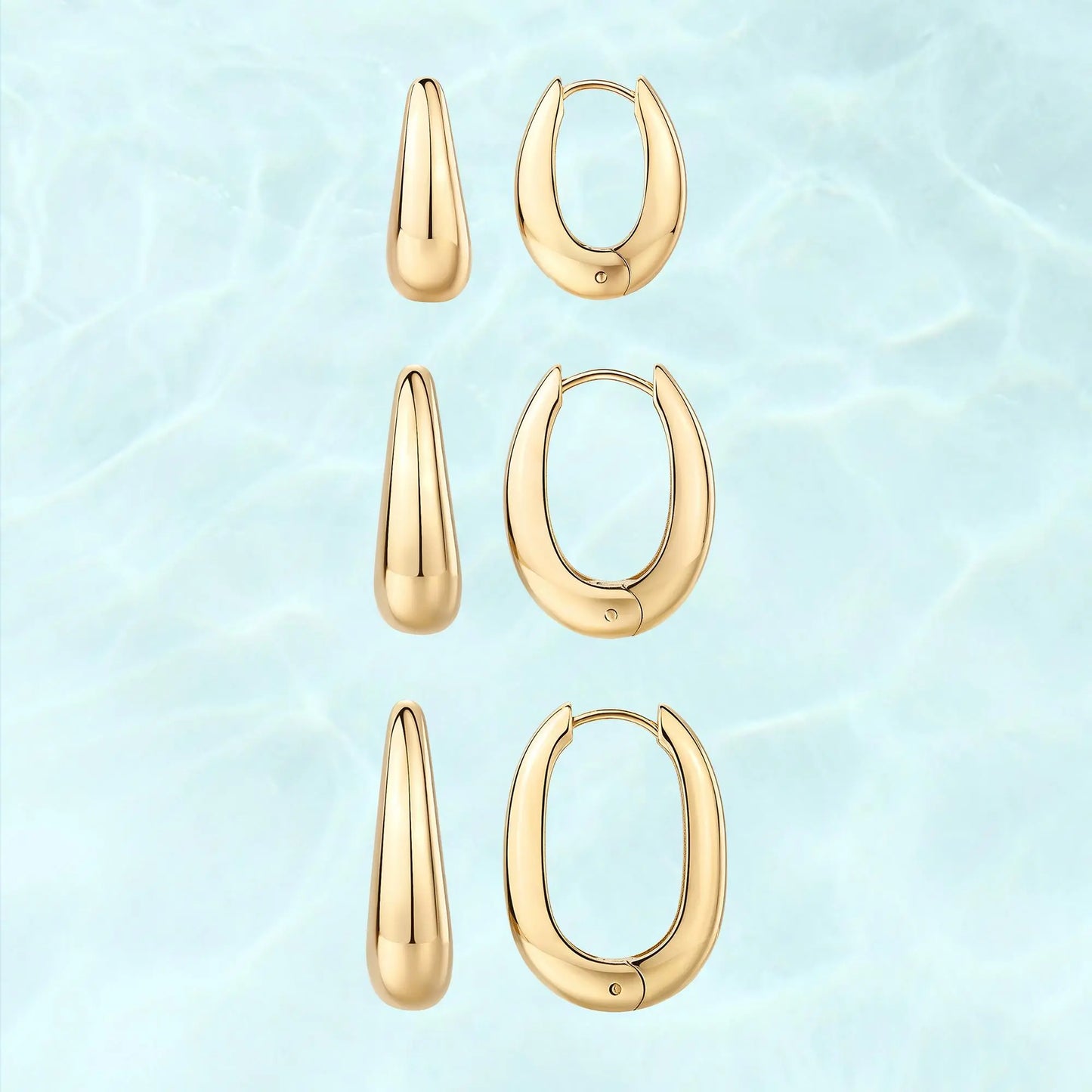 PAVOI Waterproof Set of 3 Chunky Hoop Earrings for Women - 14K Gold Plated Stainless Steel Oval Hoops - Thick Gold Earrings Collection - Lightweight Trendy Summer Accessories