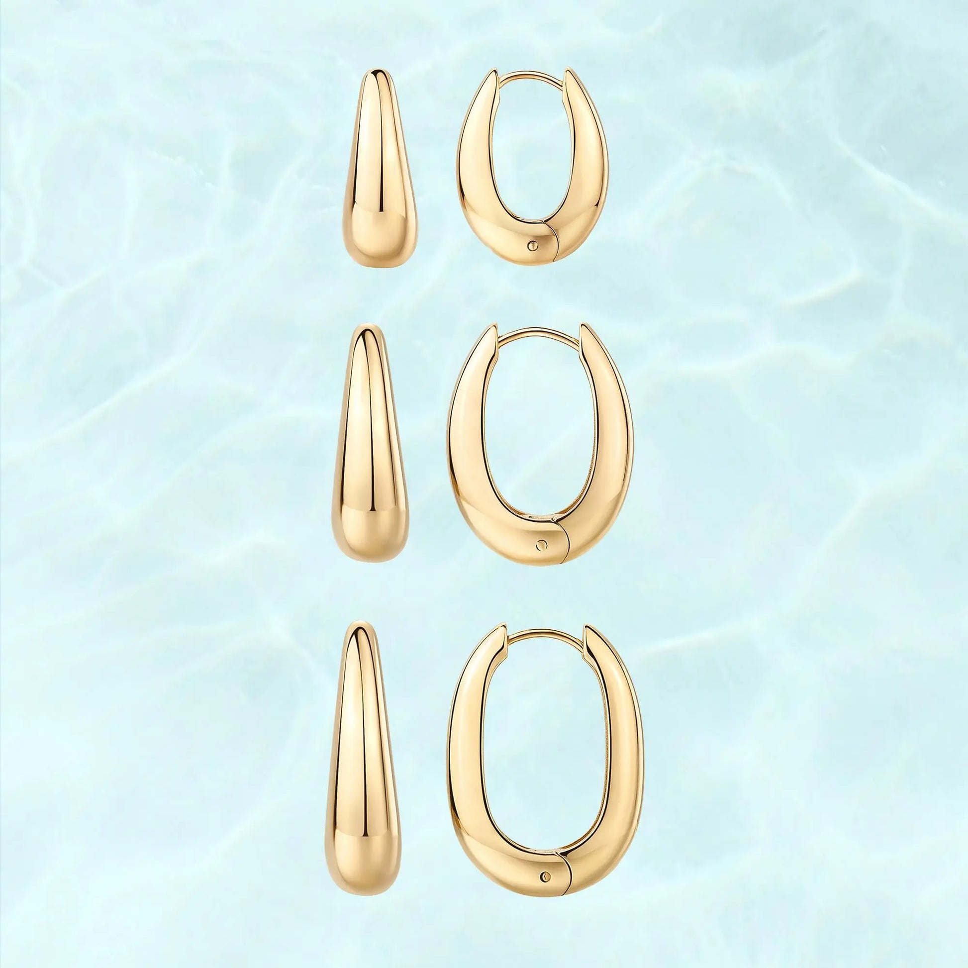 PAVOI Waterproof Set of 3 Chunky Hoop Earrings for Women - 14K Gold Plated Stainless Steel Oval Hoops - Thick Gold Earrings Collection - Lightweight Trendy Summer Accessories