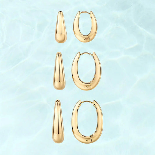 PAVOI Waterproof Set of 3 Chunky Hoop Earrings for Women - 14K Gold Plated Stainless Steel Oval Hoops - Thick Gold Earrings Collection - Lightweight Trendy Summer Accessories