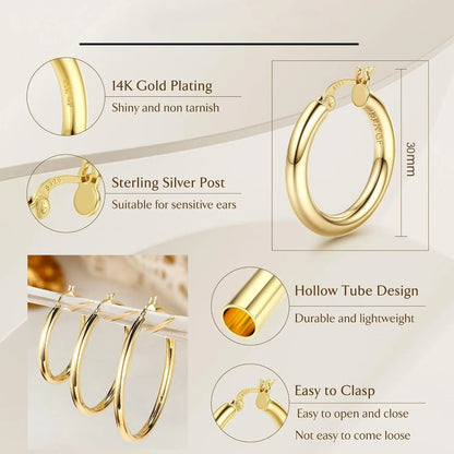 LOLIAS 14K Gold Chunky Hoop Earrings for Women, 925 Sterling Silver Post, Hypoallergenic Lightweight Design, Available in Various Sizes (25/30/40/50/60/70MM)