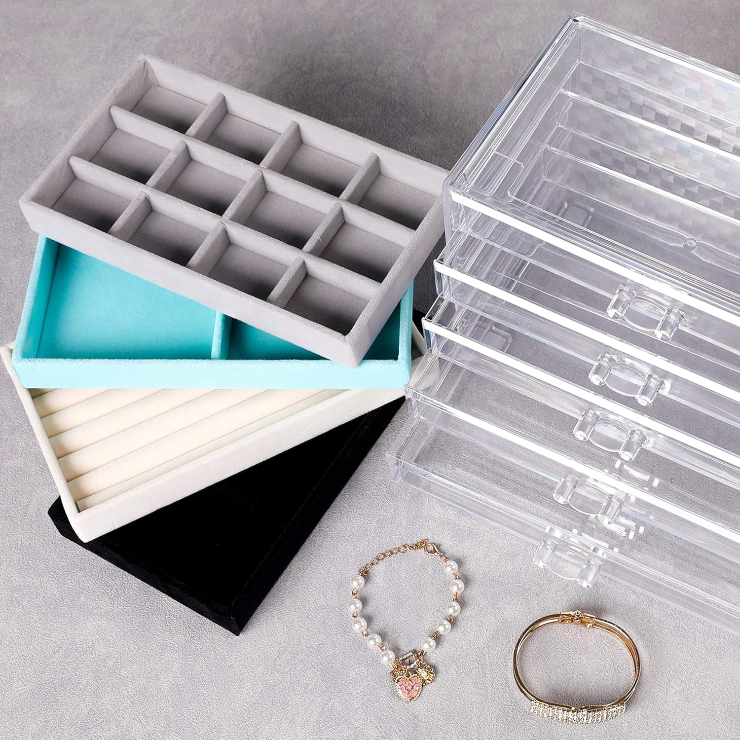Extra Large Clear Acrylic Jewelry Box with Velvet Lining - 5-Layer Organizer for Earrings, Rings, and Necklaces with 5 Drawers (Beige)