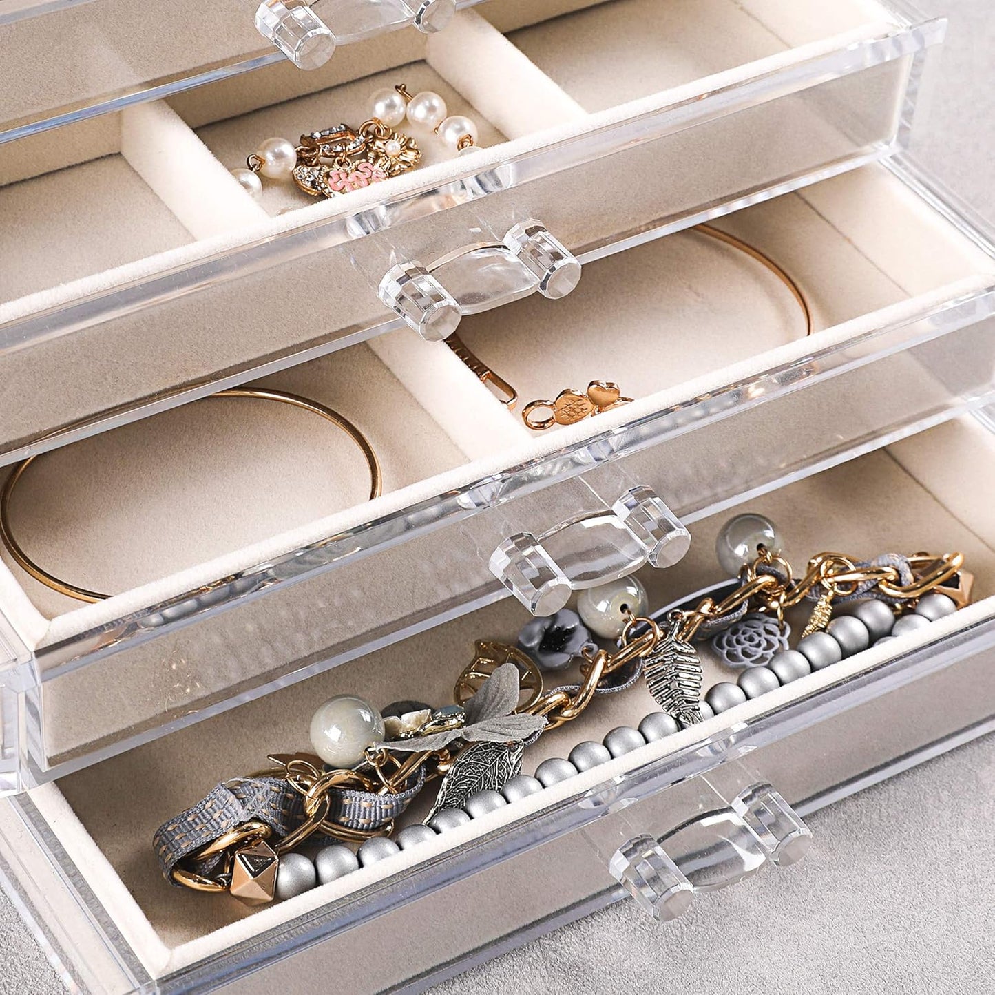 Extra Large Clear Acrylic Jewelry Box with Velvet Lining - 5-Layer Organizer for Earrings, Rings, and Necklaces with 5 Drawers (Beige)