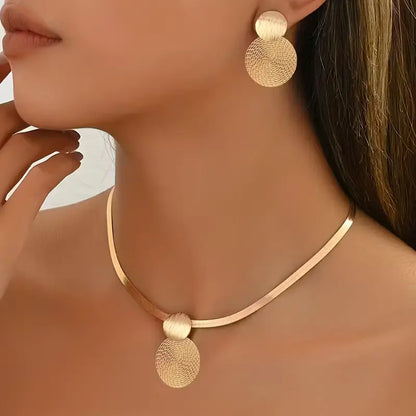 Elegant Golden-Tone Layered Necklace and Earrings Set for Women - Geometric Spiral Pendant Design with Dainty Chain and Spherical Beads, Perfect for Casual and Special Occasions, All-Season Jewelry Gift