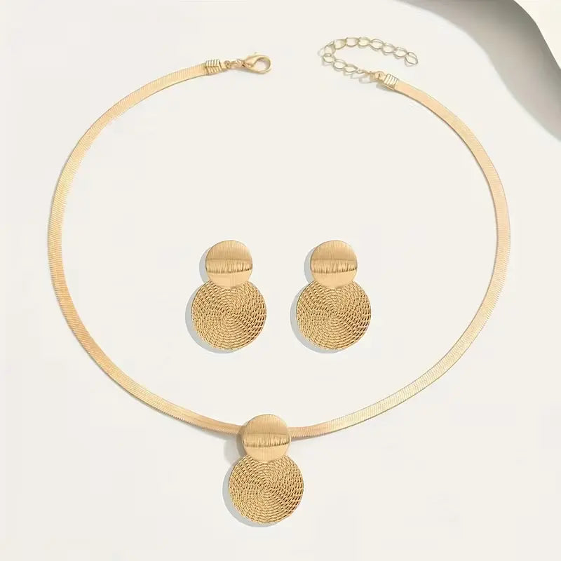 Elegant Golden-Tone Layered Necklace and Earrings Set for Women - Geometric Spiral Pendant Design with Dainty Chain and Spherical Beads, Perfect for Casual and Special Occasions, All-Season Jewelry Gift