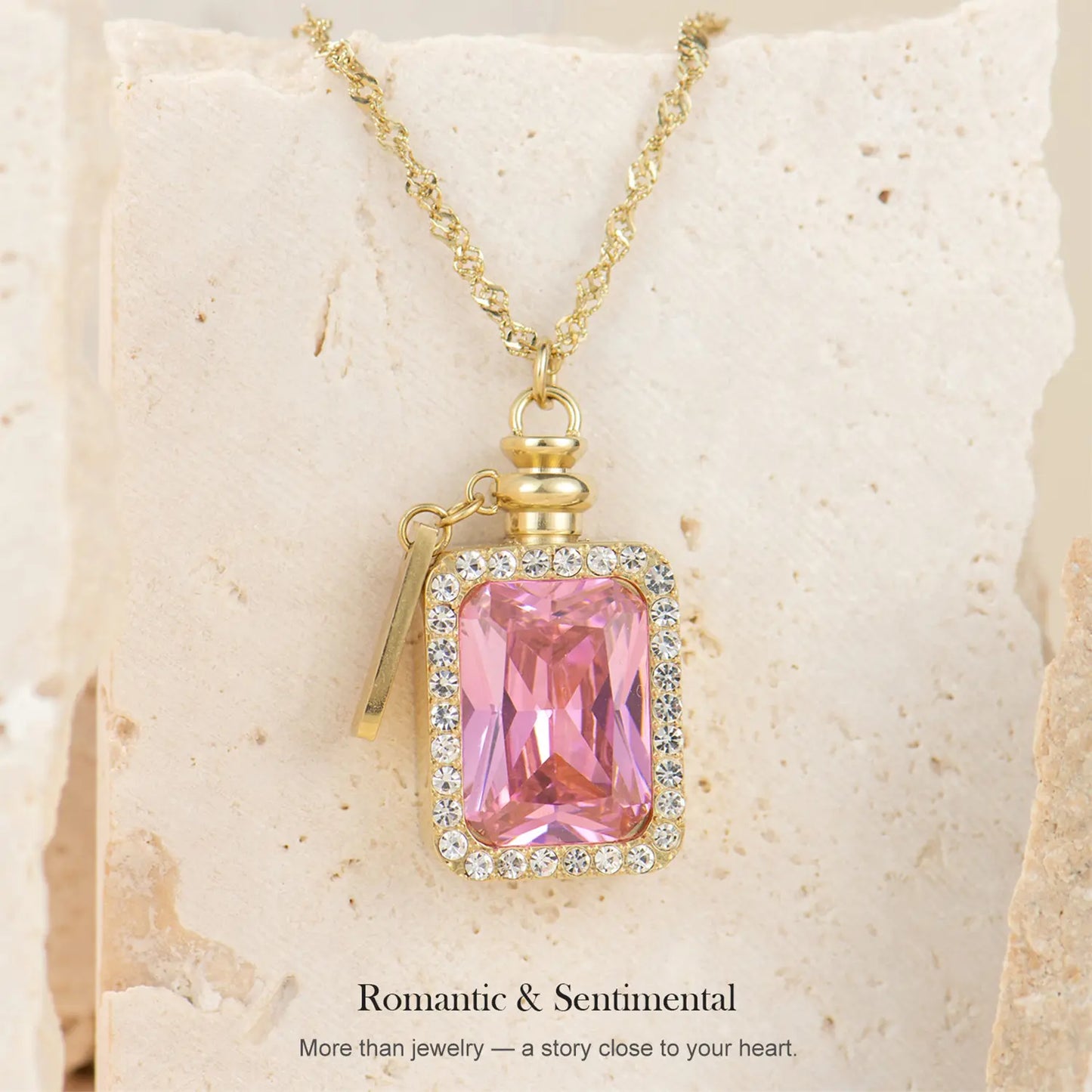 Holylegend 14K Real Gold Plated Perfume Bottle Necklace for Women, Pink Crystal Girl Silhouette Pendant, Vintage Scent Bottle Look，Romantic Gift Jewelry