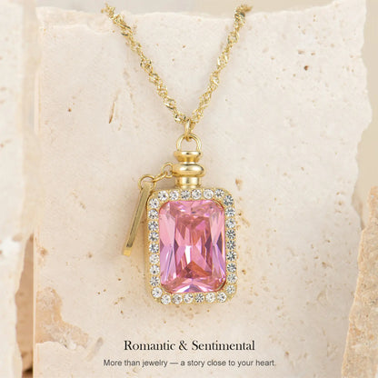Holylegend 14K Real Gold Plated Perfume Bottle Necklace for Women, Pink Crystal Girl Silhouette Pendant, Vintage Scent Bottle Look，Romantic Gift Jewelry