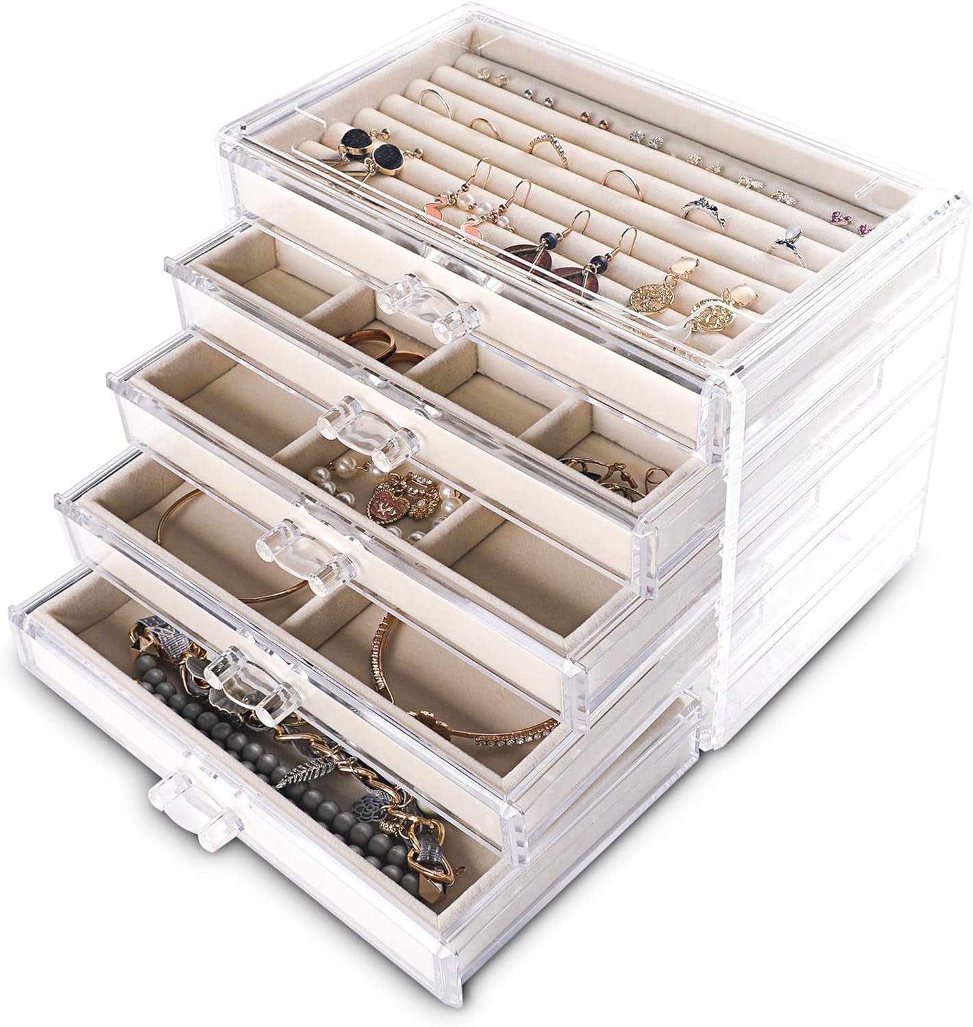 Extra Large Clear Acrylic Jewelry Box with Velvet Lining - 5-Layer Organizer for Earrings, Rings, and Necklaces with 5 Drawers (Beige)